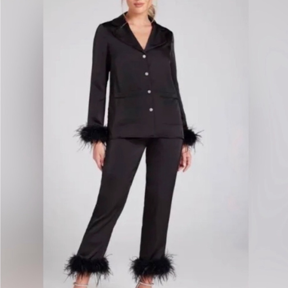 NADINE MERABI Black Silk Feather Pajamas